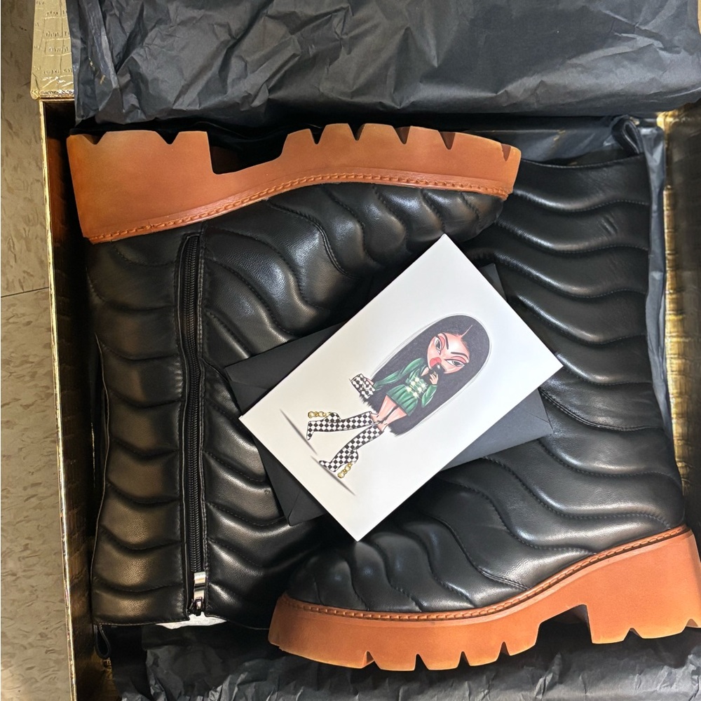 Black Quilted Leather Boots with Brown Sole